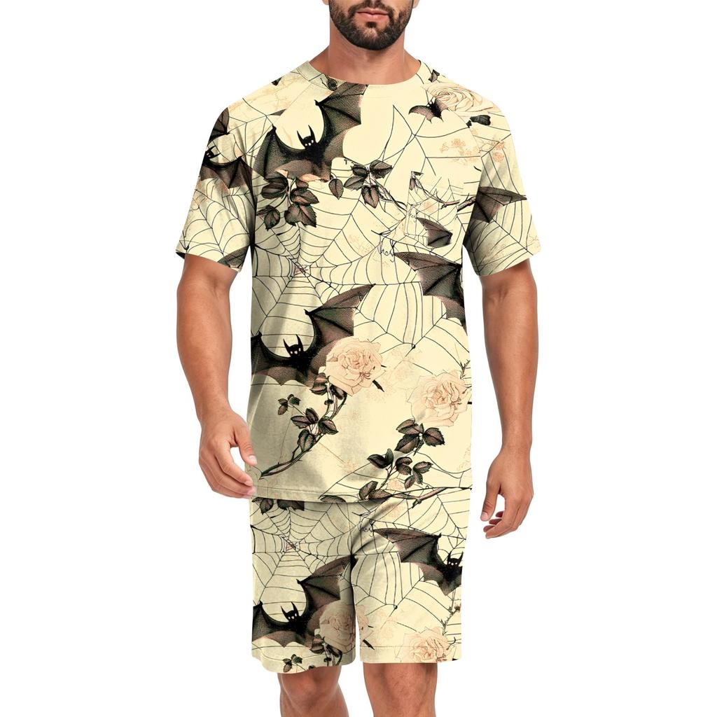 Men's Halloween Casual Pajama Set Short Sleeve Top and Shorts Comfortable Lightweight Sleepwear Set with Pumpkin and Bat Print for Home Use