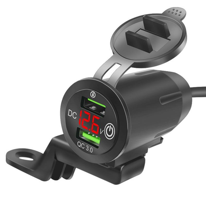 Presa USB per Moto, Caricabatterie per Auto 12V/24V con Doppia Presa USB QC3.0, Presa Caricabatterie per Auto con Voltmetro LED Adattatore per Moto Camper Auto Camion