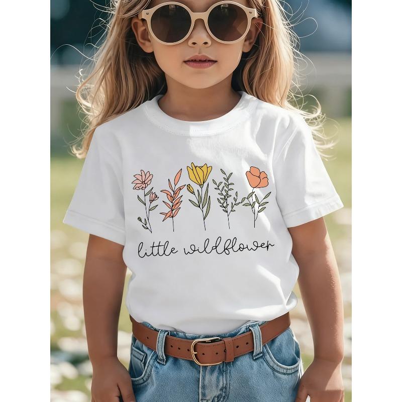 Girls Summer Crewneck Tee,  Little Wildflower  Letter & Wildflower Cartoon Print Versatile Casual Short Sleeve Top 110 белый