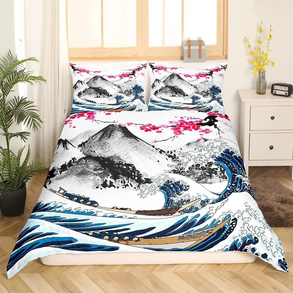 Japanese Ukiyo-E King Queen Duvet Cover Golden Fish Hokusai Bedding Set Crane Wave Quilt Cover Red Sun Polyester Comforter Cover