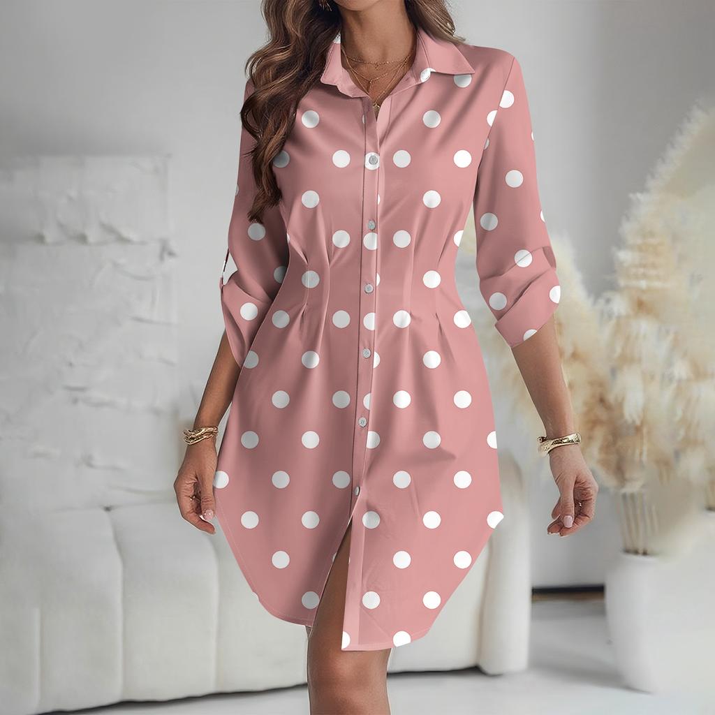 Women's Loose-fitting V-neck Long-sleeved Dress Print Work Shirt Dress