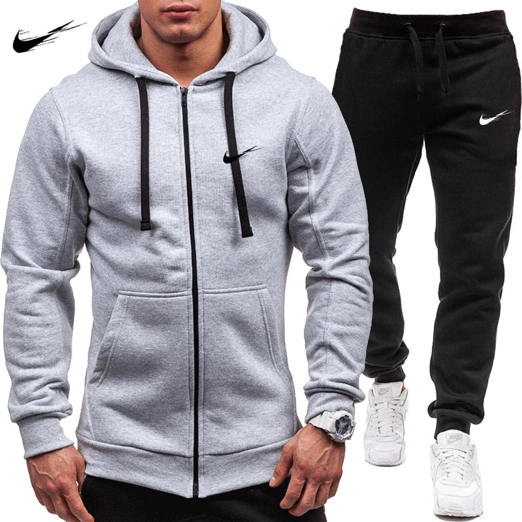 Navy Blue 2024 New Casual Sweatshirt Zipper Hooded Sweatshirt Jacket Men's Solid Color Cardigan Sports Men's Sweatshirt Set