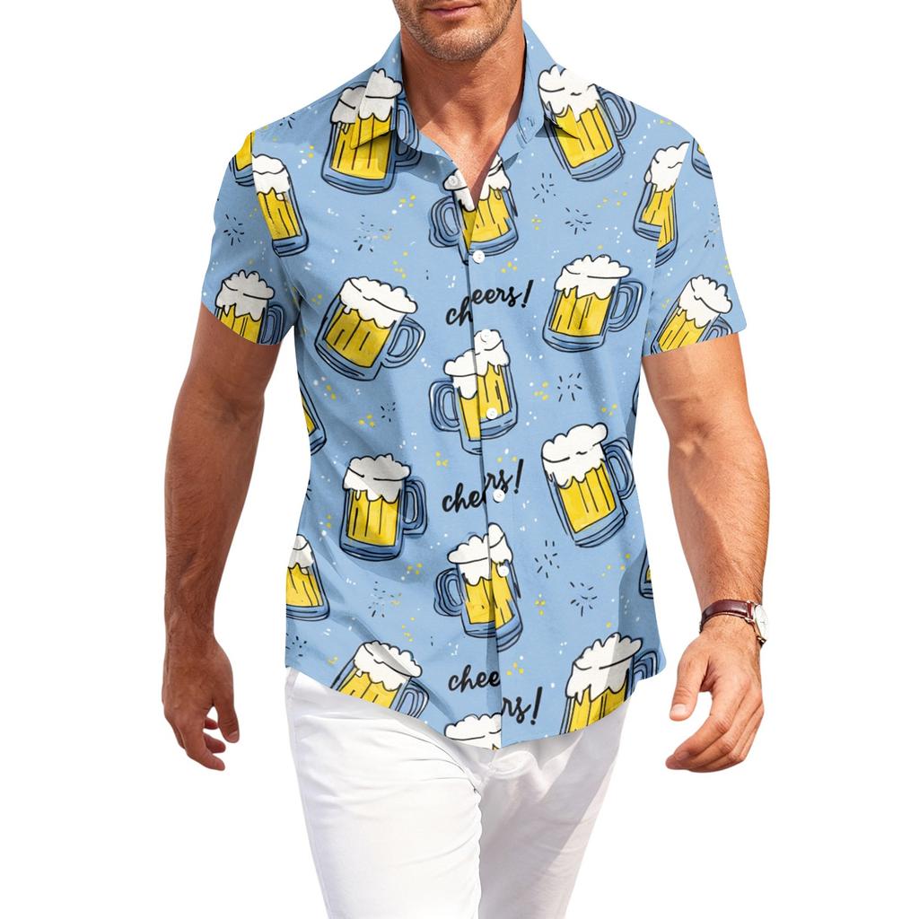 Men's Casual Short Sleeve Button Down Shirt Beer Festival Print Lightweight Breathable Fabric Relaxed Fit Summer Top