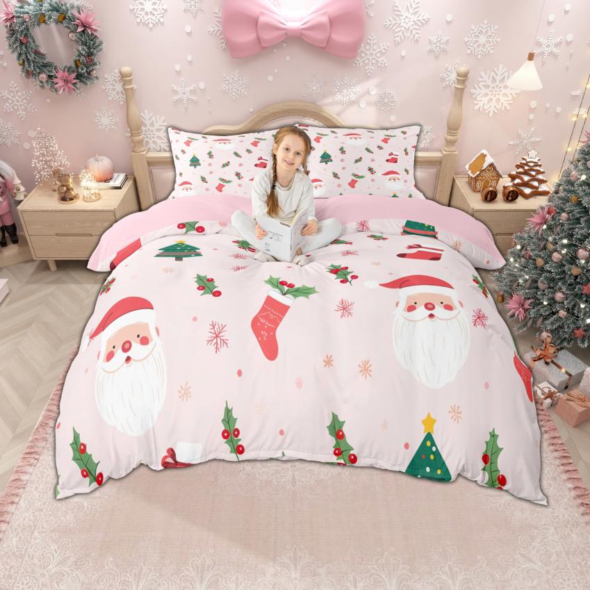 Homewish Cartoon Santa Claus Duvet Cover Set for Boys Girls, Christmas Tree Bedding Set, Snowflakes Snowman Bed Set