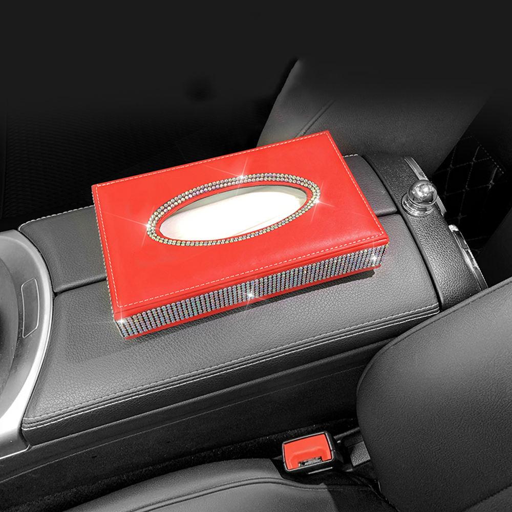 Diamond Crystal Car Tissue Box Luxury PU Leather Auto Paper Box Holder Cover Case Tray Car Accessories for Home Office Auto