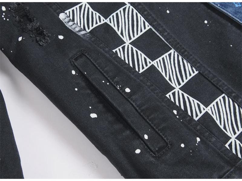 2024 Men's Spring Black Patchwork Printed Denim Cardigan Vest