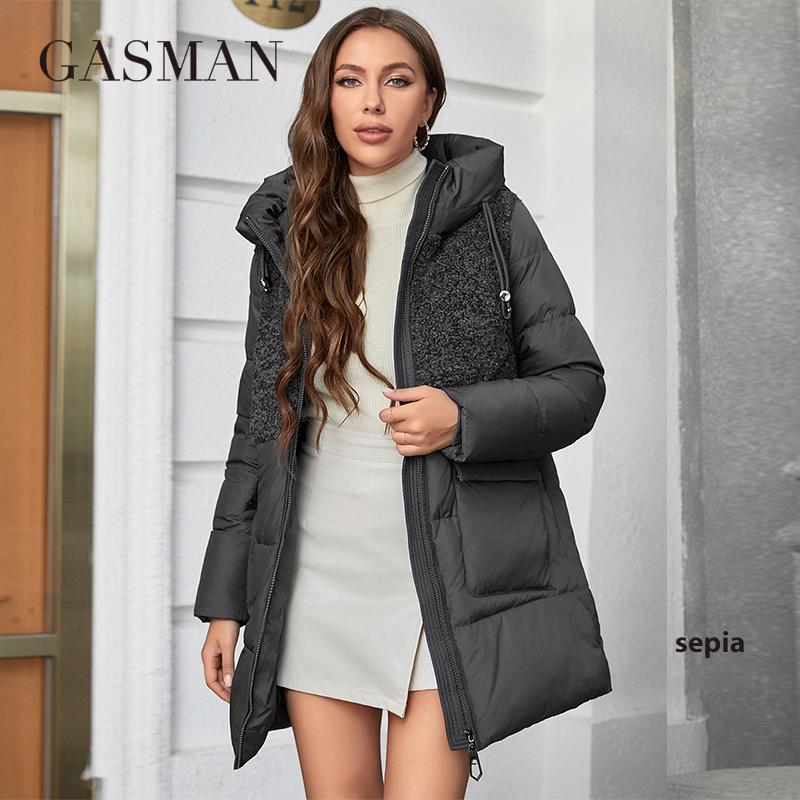 

GASMAN 2023 однотонная модная женская парка пальто с воротником-стойкой короткие облегающие повседневные теплые плюшевые пуховики с капюшоном 83398 XXXL сепия