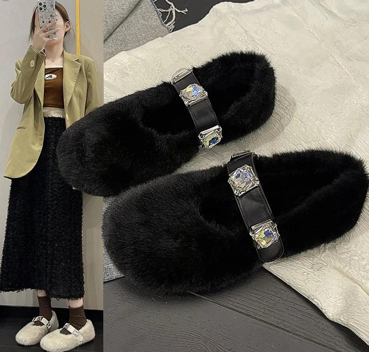 Fashion Shoes Woman 2025 Autumn Crystal Loafers Fur Casual Female Sneakers Square Toe Flats New Fall Rhinestone Comfortable Boat Winter