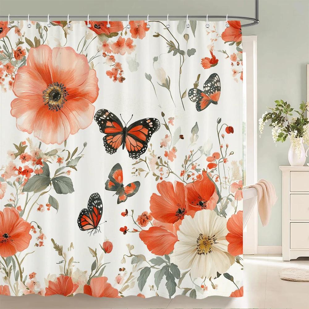 

Watercolor Flowers, Leaves and Butterflies Shower Curtain Floral Printed Bathroom Bath Curtain Home Decor Curtain With Hooks W90XH180cm