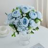 White Green Artificial Flower Bouquet, Fake Silk Roses & Peony with Eucalyptus for Home Wedding Decor