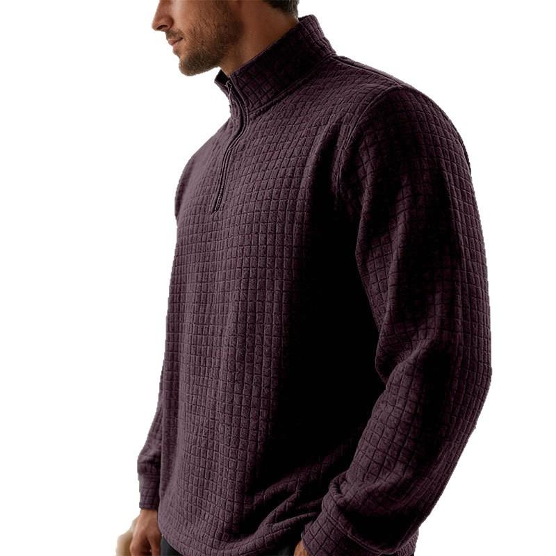 Solid-colour Half-zip Turtleneck Jumper with Small Check Jacquard Pattern