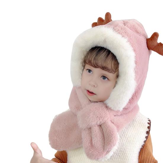 Children Hat With Scarf Design Antler Decoration Thickened Warm Plush Winter Hat