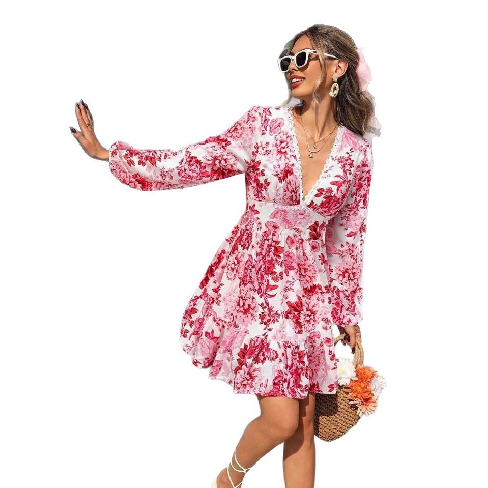 Women's Lace Trim V Neck Floral Print Mini Dress, Long Sleeve Casual Vacation Boho Ruffle Hem Beach Dress for Women