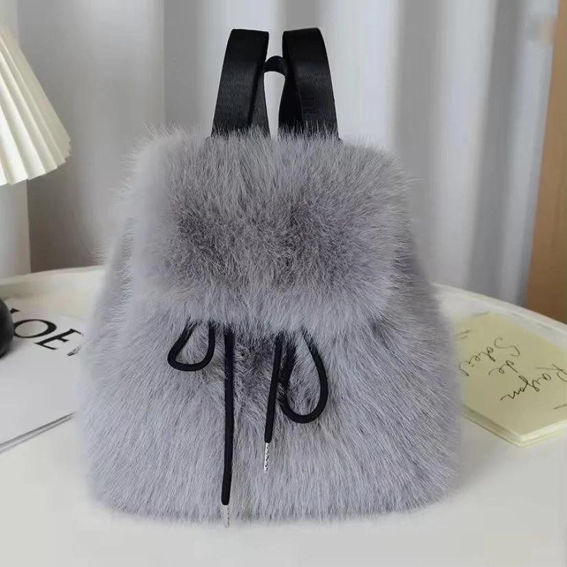 New Faux Fox Fur Backpack 2025 Womens Drawstring Flap with Magnetic Closure Large Capacity School Bookbag Casual Use