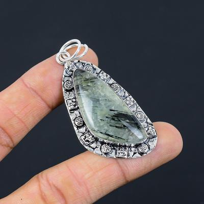 Memorial Day Angebot Moos Moos Prehnit Edelstein Lünettenanhänger 925 Sterlingsilber