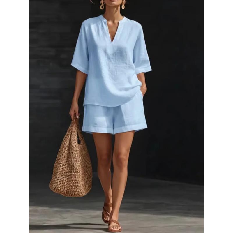 Casual Linen Two Piece Set for Women V Neck Half Sleeve Loose Top and High Waist Shorts Summer Breathable Comfort Outfit for Dai