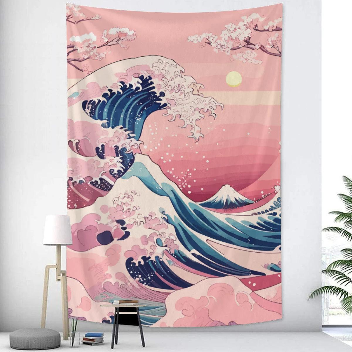 Soft Pink Kanagawa Surfing Tapestry Cherry Blossoms Mount Fuji and Wind Background Cloth Living Room Decoration 100X70CM