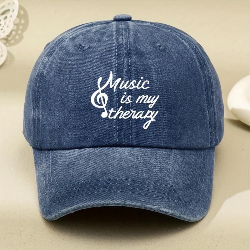 Music is my Relax White Letter Print Womens Large Head Baseball Cap Distressed Washed Hat Mens American Wide Brim Retro