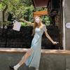 Coffee Break French Blue Bubble Sleeve Floral Dress Women's Summer New Sense First Love Sweet Temperament Split Dress