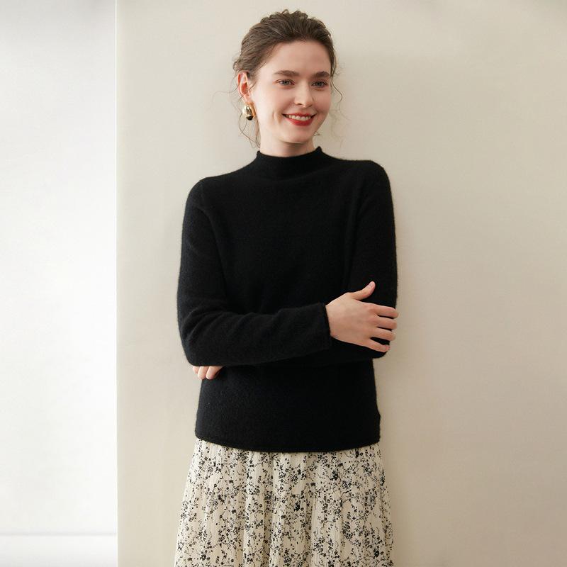 Women's Pure Cashmere Half-High Neck Sweater, Solid Color, Loose Long Sleeves, Autumn/Winter Collection.