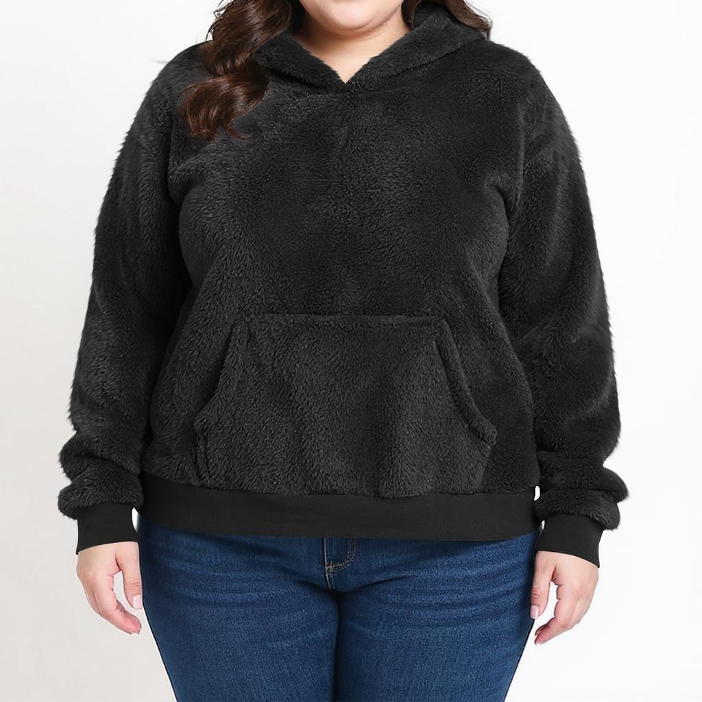 Women's Casual Plus Size Long-Sleeve Hooded Solid-Color Fleece Pullover Sweatshirt