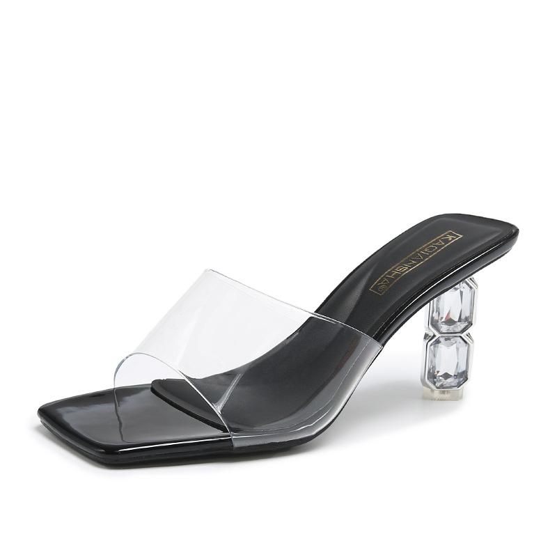 Fashion Luxury Rhinestone Thin Heel Women Sandals Transparent PVC Square Toe Slide Sandals Summer Fashion Sexy Open Toe Designer Shoes