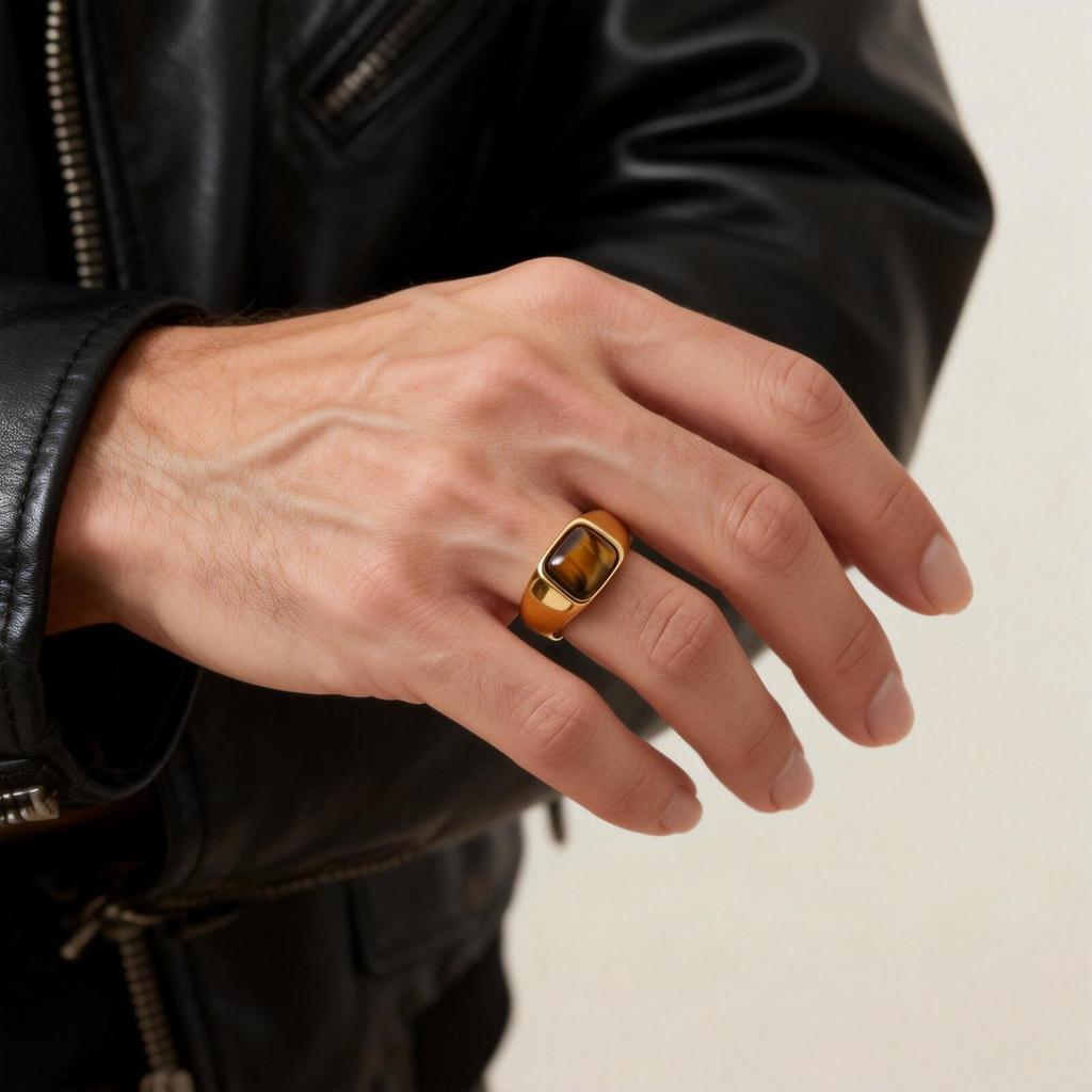 Gold Color Pinky Ring for Men Women,Stainless Steel Tiger Eye Stone Signet Ring,Dainty Chic Party Jewelry Gift