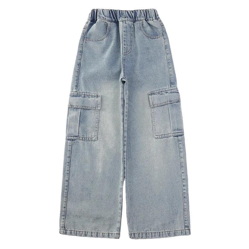 Girls Cargo Demin Pants Kids Casual Wide-legged Jeans Teenagers Fashion Streetwear Baggy Trousers Children Clothes 5-14 Years