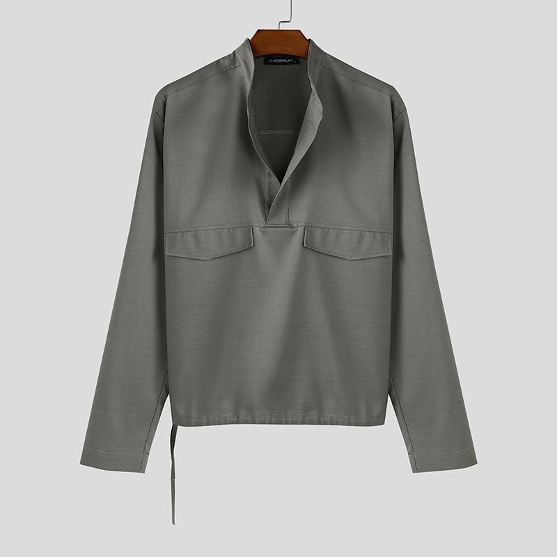 INCERUN Men Stand Neck Long Sleeve Solid Color Casual Loose Shirts Tops
