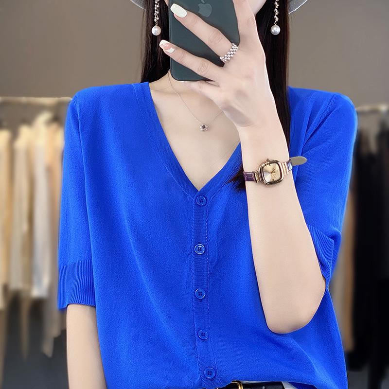 

Кардиган с V-образным вырезом и рукавом пять восьмых из ледяного шелка для женщин - Утягивающая шаль для защиты от солнца, Летний топ L (55-63 kg)