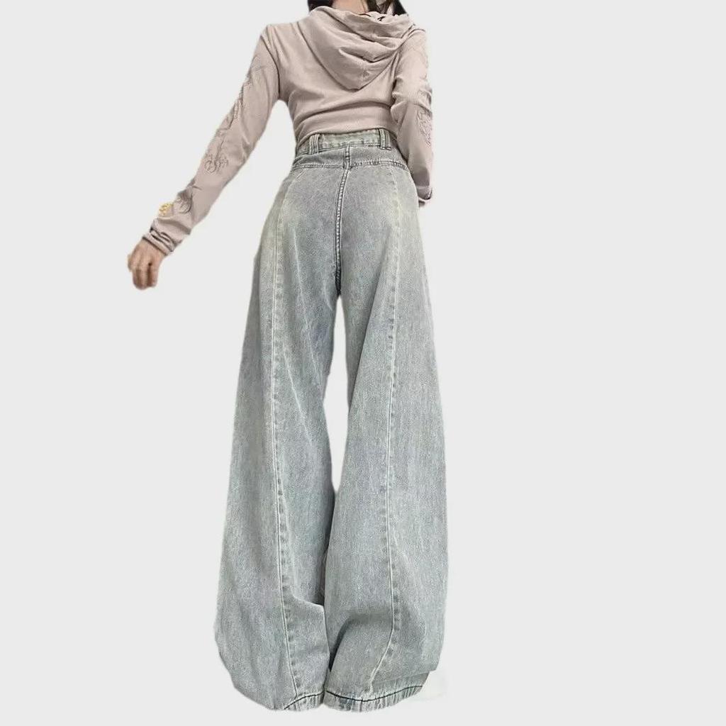 "Dámské retro světle modré džíny s vysokým pasem, plisovanými širokými nohavicemi, podzimní styl, volný střih, zeštíhlující a délka až na zem"