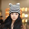 Korean Cute Cat Ear Knitted Hat Winter Keep Warm Retro Stripe Beanie For Women
