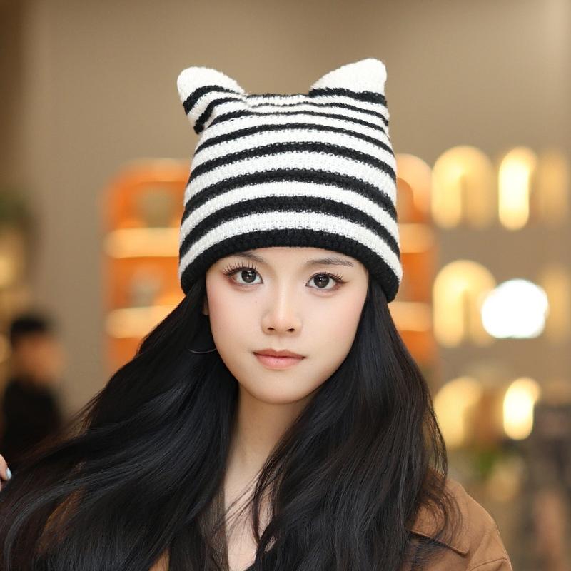 Korean Cute Cat Ear Knitted Hat Winter Keep Warm Retro Stripe Beanie For Women