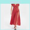 Women Short Sleeve V Neck Swing Dress With Elegant Polka Dot Print And Slit Detail
