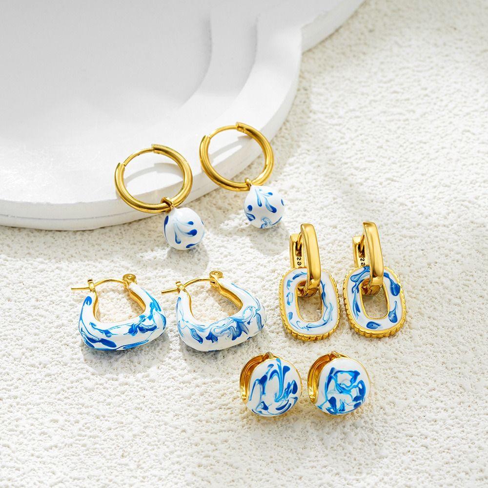 Zinc Zinc Alloy Ceramic Ear Buckle New Chinese Style Hoop Earrings Blue and White Porcelain Earrings  Women