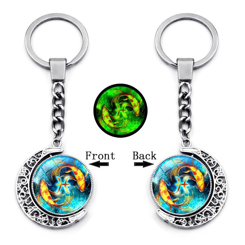 Luminous Twelve Constellations Time Gemstone Keychain Pendant Rotating Moon Pendant Metal Keychain Hanging Gift
