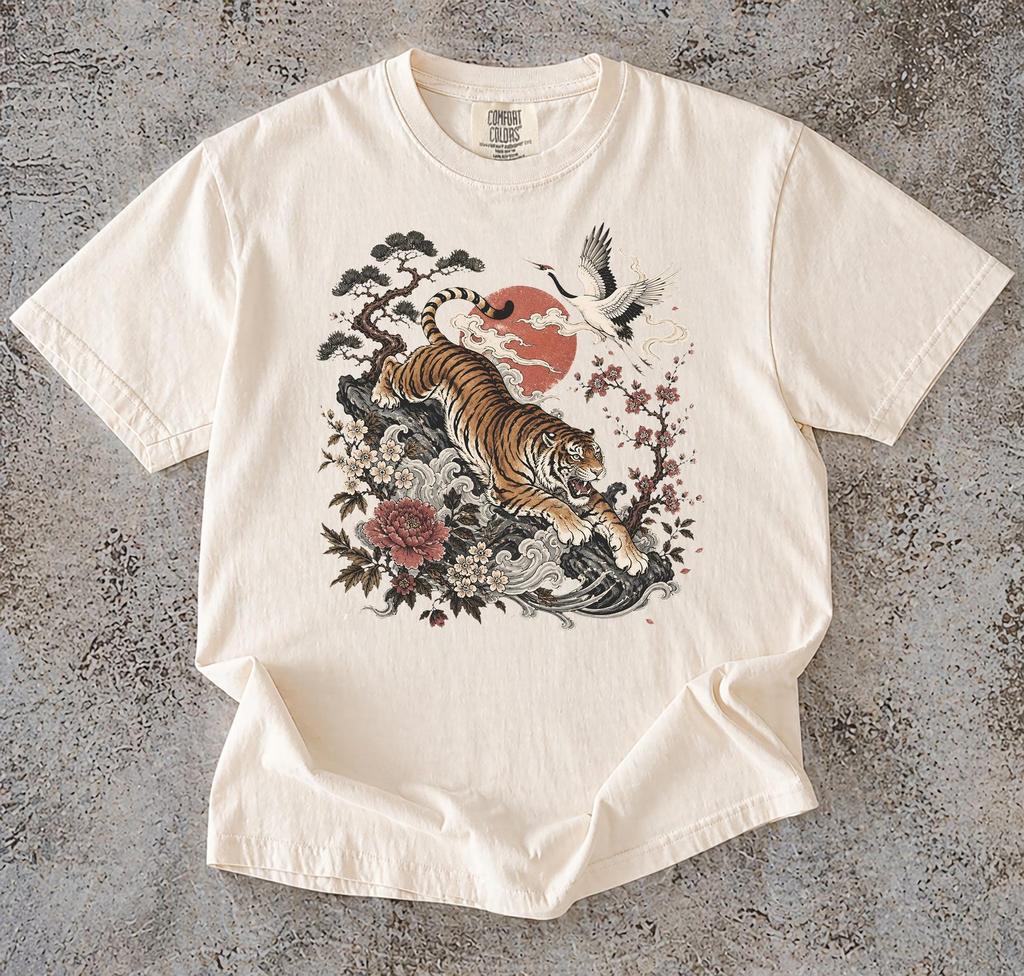 T-shirt Tigre Gru Giapponese, Maglietta Grafica Vintage Floreale Natura Animale, T-shirt Streetwear