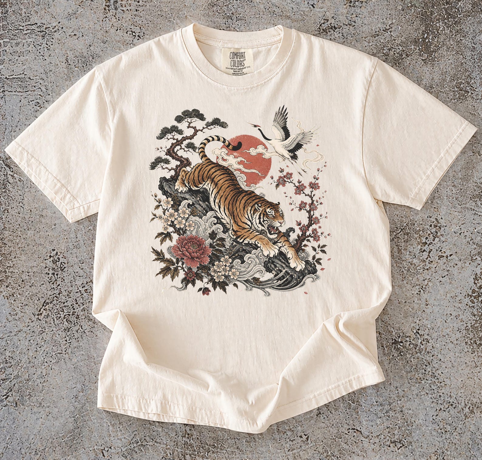 Japanese Tiger Crane T-Shirt, Vintage Floral Nature Animal Graphic Tee, Streetwear T-Shirt L