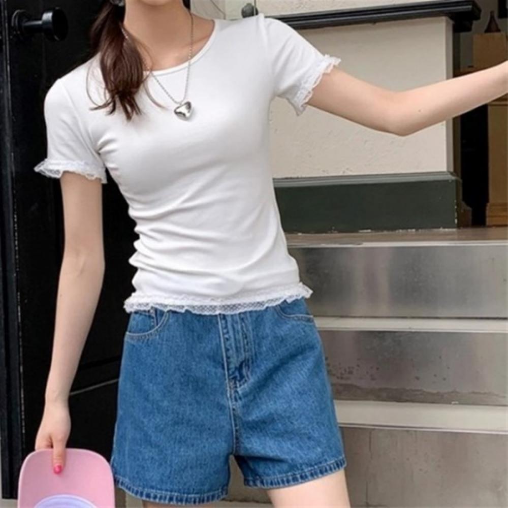 New Arrivals Open Run Women Round Neck ShorT Sleeve T shirT Lace Layered