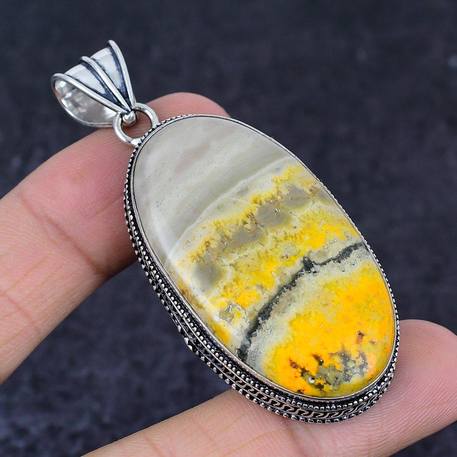 Bumble Bee Jasper Gemstone Handmade 925 Sterling Silver Pendant 2.56" Y9j43