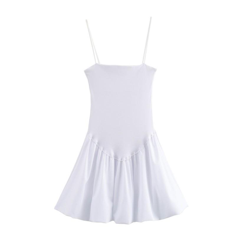 

European American Women s Clothing Summer Fluffy Rib Splicing Suspender Short Dress S белый