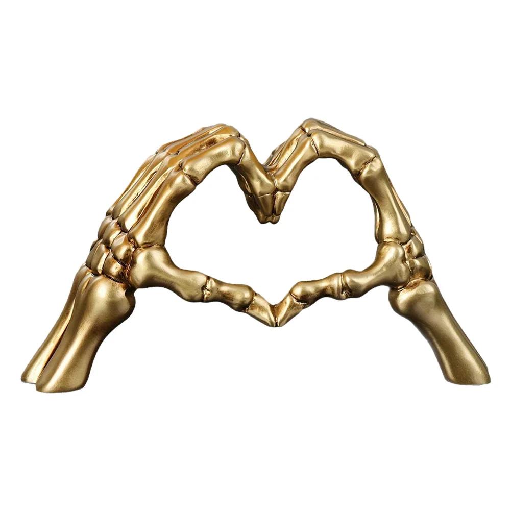 

1pc Resin Abstract Skeleton Statue Wear Resist Heart Gestures Skull Ornaments Heart Shape Finger Gesture Figurine for Home Decor