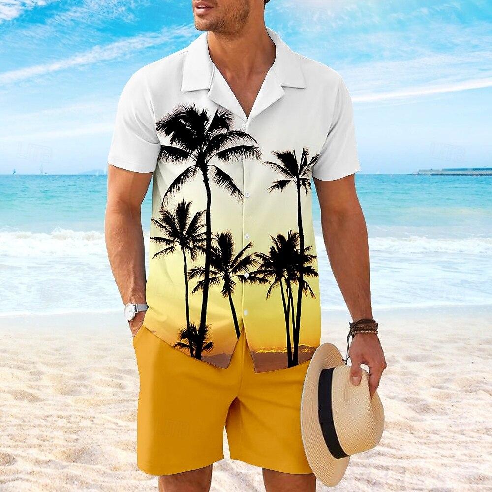 Men's Summer Sets Coconut Tree 3D Print Short Sleeve Tops +Shorts 2 Piece Hawaiian Beach Vacation Shirt Suit Fashion Men Outfit