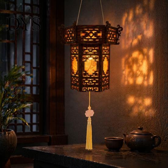 Chinese Lantern Making Kit DIY Vintage Palace for Kids, Style Wooden Frame Traditional Brocade Crafts, Material Set Mid-Autumn Festival Celebration