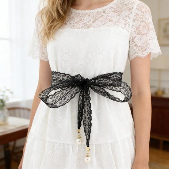Women Lace Belt Hollow Design Lightweight Breathable Adjustable Waist Slimming Non-Fading Imitation Pearl Pendant Belt