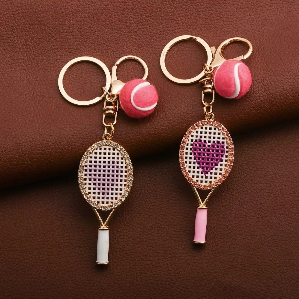 Alloy Inlaid Rhinestone Tennis Racket Keychain Mini Felt Ball Sports Keychain Pendant for Women