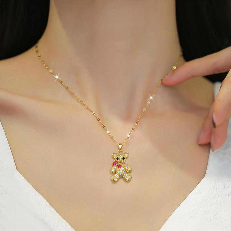 Bow Bear Light Luxury Temperament Full Diamond Necklace Women'S Versatile Collarbone Chain Titanium Steel Chain