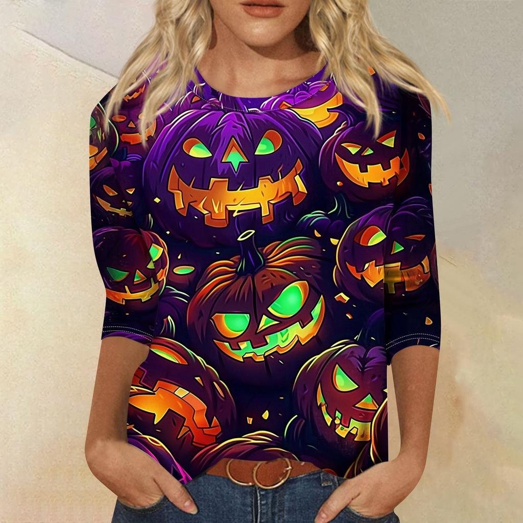 Women's Fashion Casual Three-quarter Sleeve Halloween Printed Round Neck Top