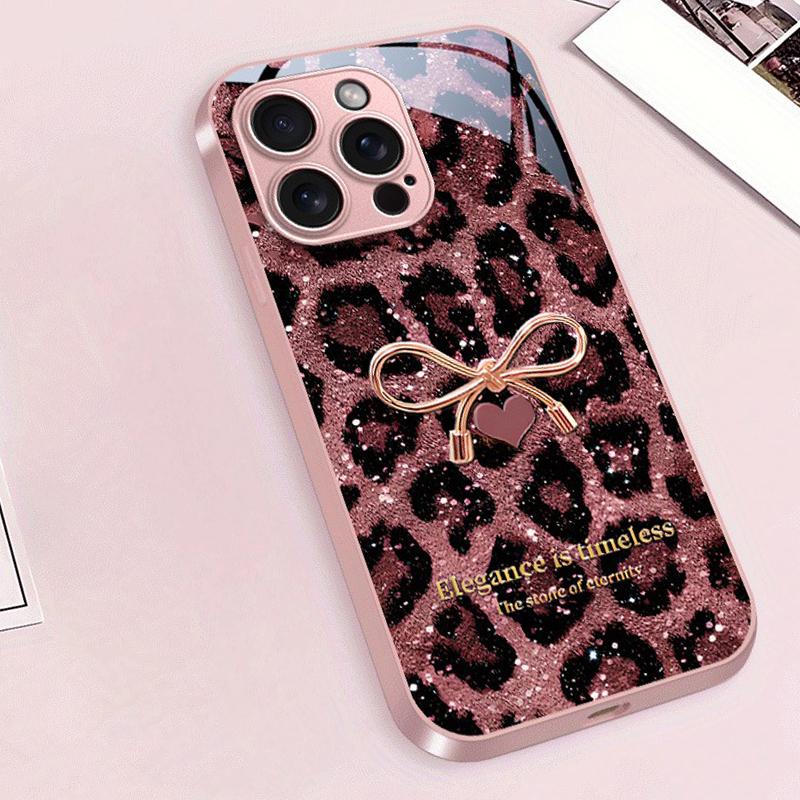 Pink Leopard Print Bow Pattern Metallic Paint Glass Phone Case For iPhone 17 16 15 14 13 12 11 Pro Max 15 Plus 17 Air 16E Cover