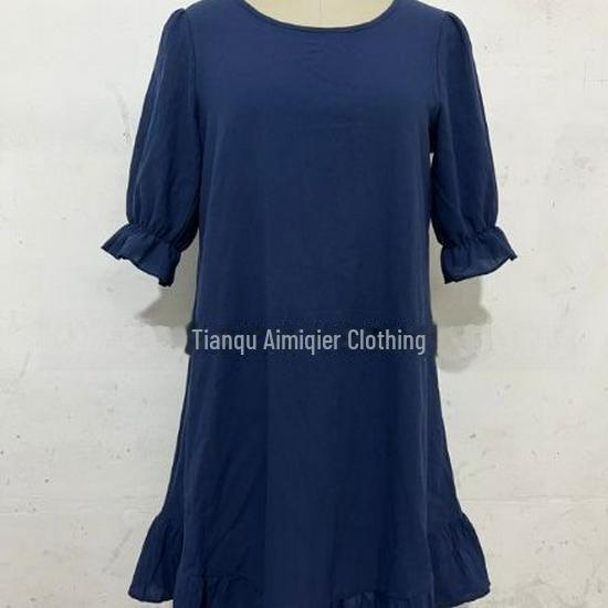 Women's Retro Cotton Linen Mid-Sleeve Round Neck Ruffle Dress